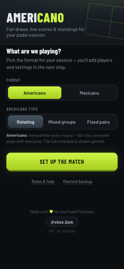 Padelato tournament setup screen