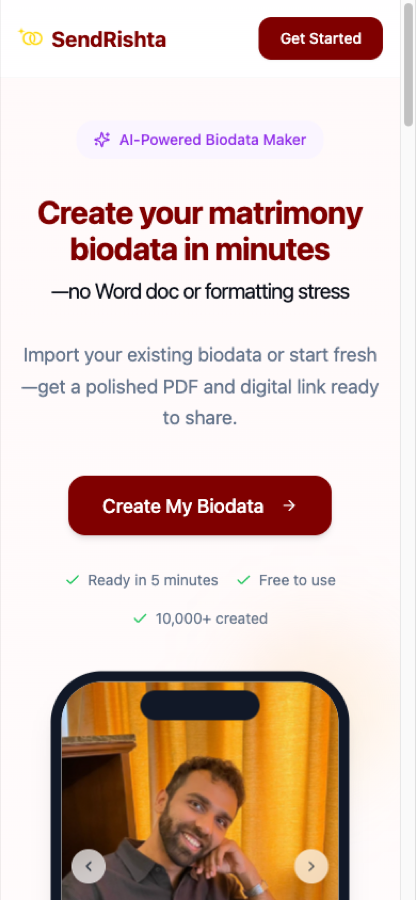 SendRishta landing page showing the biodata creator